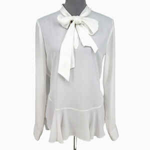 Vince Camuto Top Womens Medium Ivory Chiffon Blouse Keyhole Tie Neck Peplum Hem
